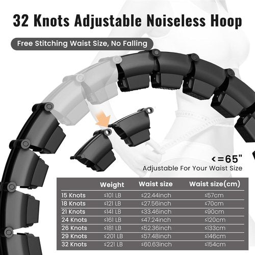 GKYET Quiet Hula Circle Hoops,65 inch 32 Knots Plus Size Hula Infinity Fitness Detachable Hoops. Exercise Hoop Suitable for Beginners - Black