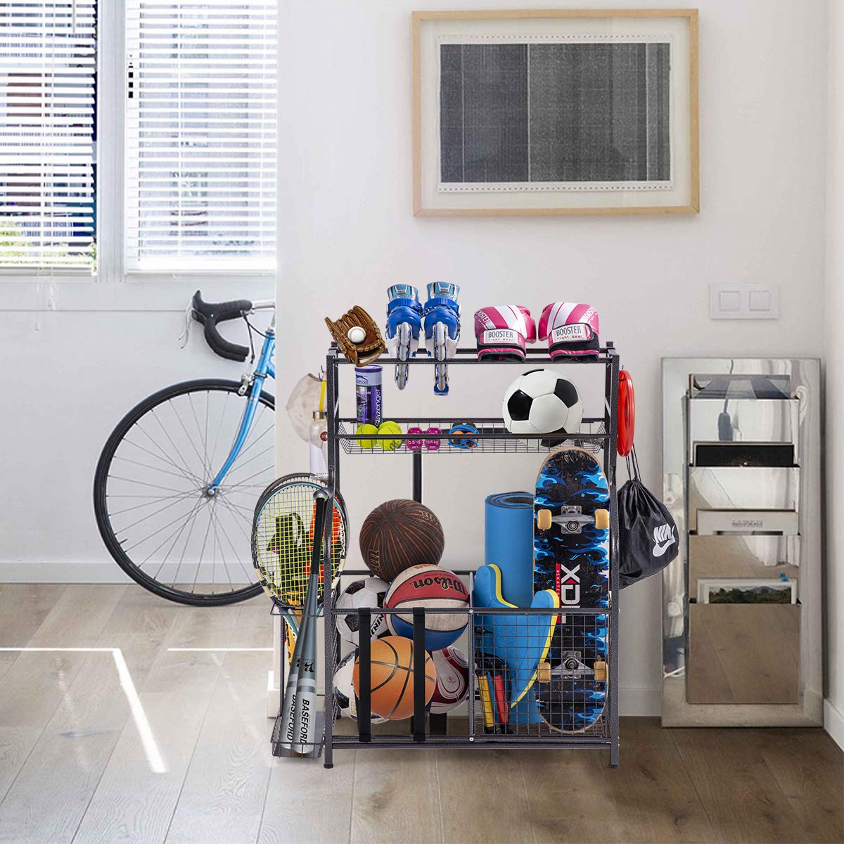 toutnd Garage Sports Equipment Storage Organizer with Baskets and Hooks - Easy to Assemble - Sports Ball Gear Rack Holds Basketballs, Baseball Bats, Footballs, Tennis Rackets and More (Black Rigid)