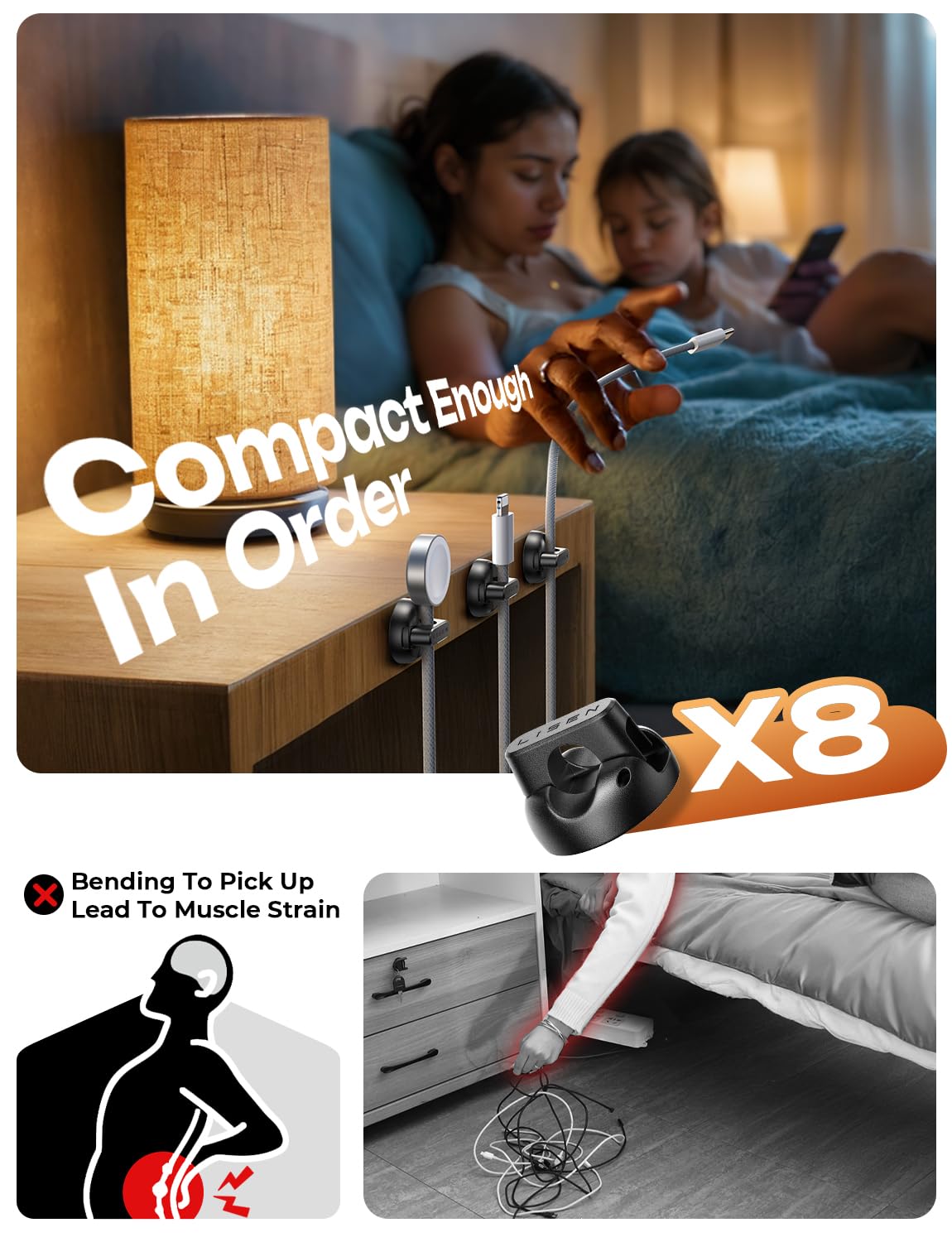 8-Pack Magnetic Cable Clips [1S Snap-On] Cord Holder, LISEN Office Desk Organizers and Accessories with 4 Extra Strong Adhesive Pads, Wire Organizer for Nightstand, Home, Wall, Car, Desktop