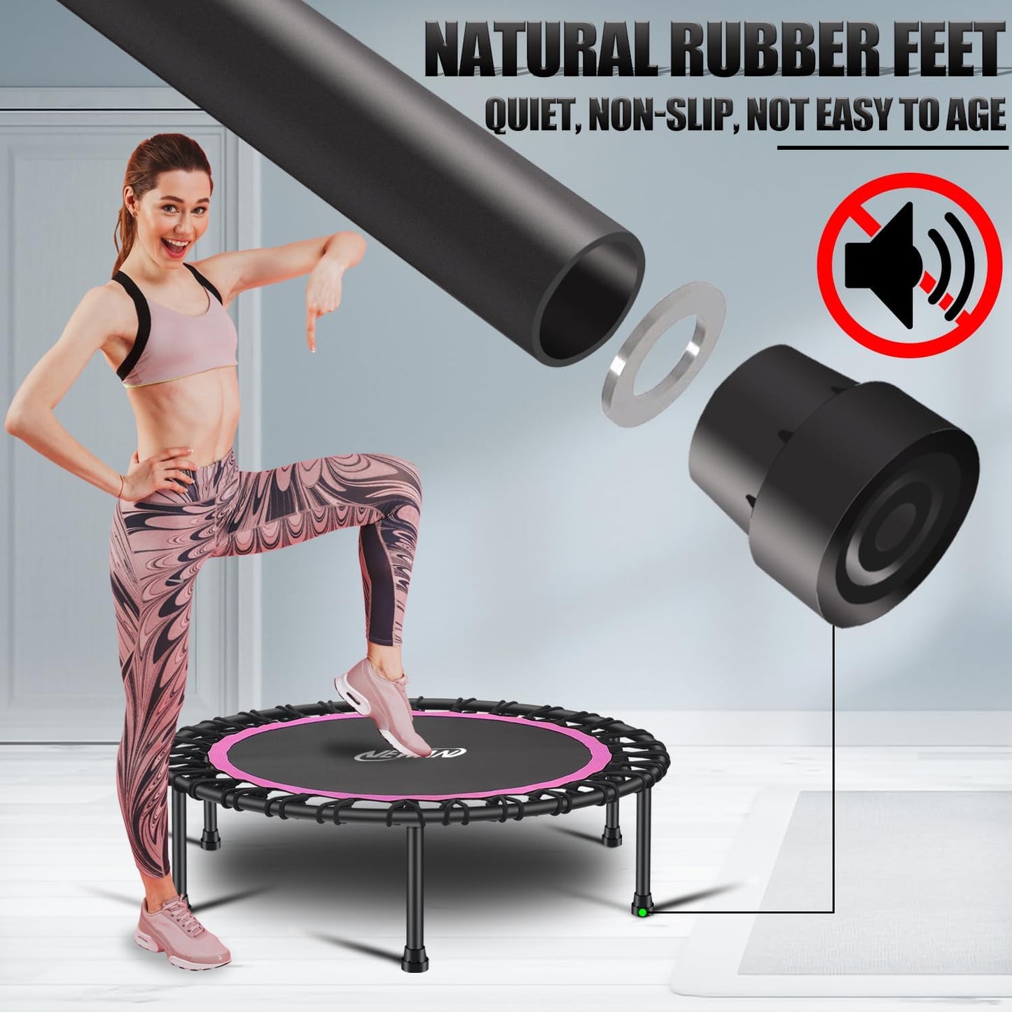 Newan Silent Mini Trampoline - 40"-48" Fitness Bungee Rebounder for Adults | Max Weight 330lbs