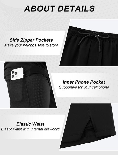 veepro Mens Gym Shorts 2 in 1 Workout Running Shorts 7 inch Quick Dry Lightweight Athletic Shorts with Compression Liner Zip Pocket Ultra Black L