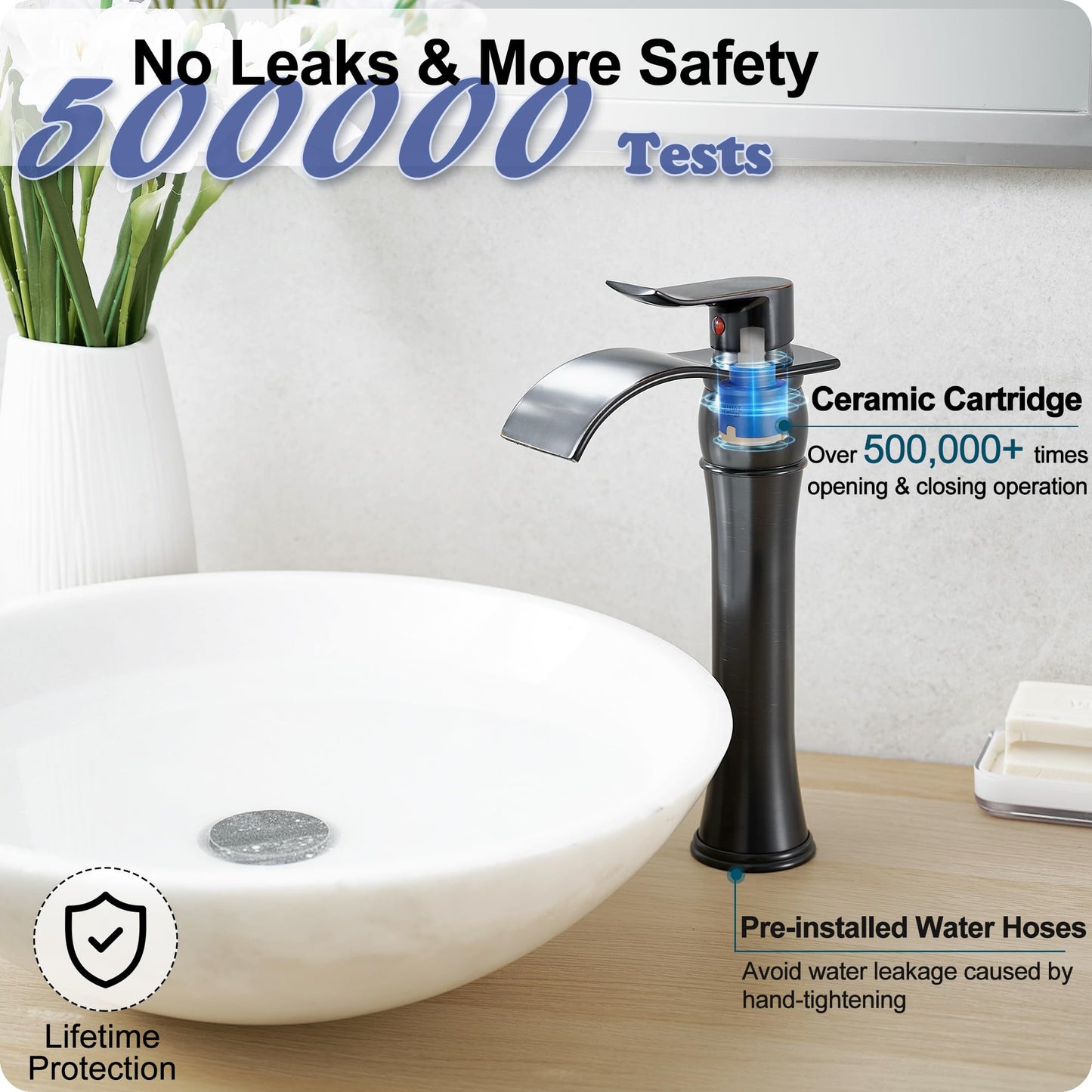 HOIGY Vessel Sink Faucet Oil Rubbed Bronze, Brass Tall Bathroom Faucet Waterfall 1 Hole, Bathroom Faucets Single Handle Bathroom Sink Faucet Bronze with Pop-Up Drain & Water Hoses for Farmhouse