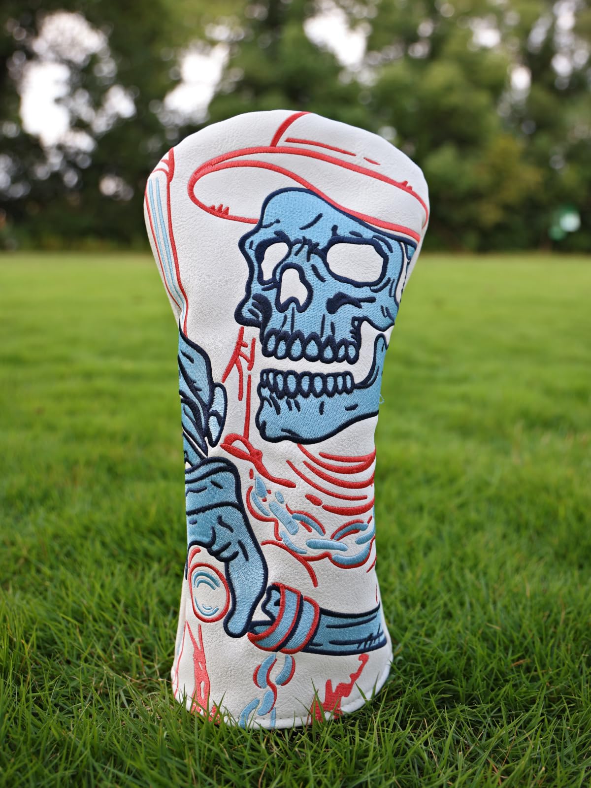 Golf Club Head Covers,1pc Skull Skeleton Driver Golf Headcovers for Woods, PU Leather with Advanced Embroidery for Most Brands-White