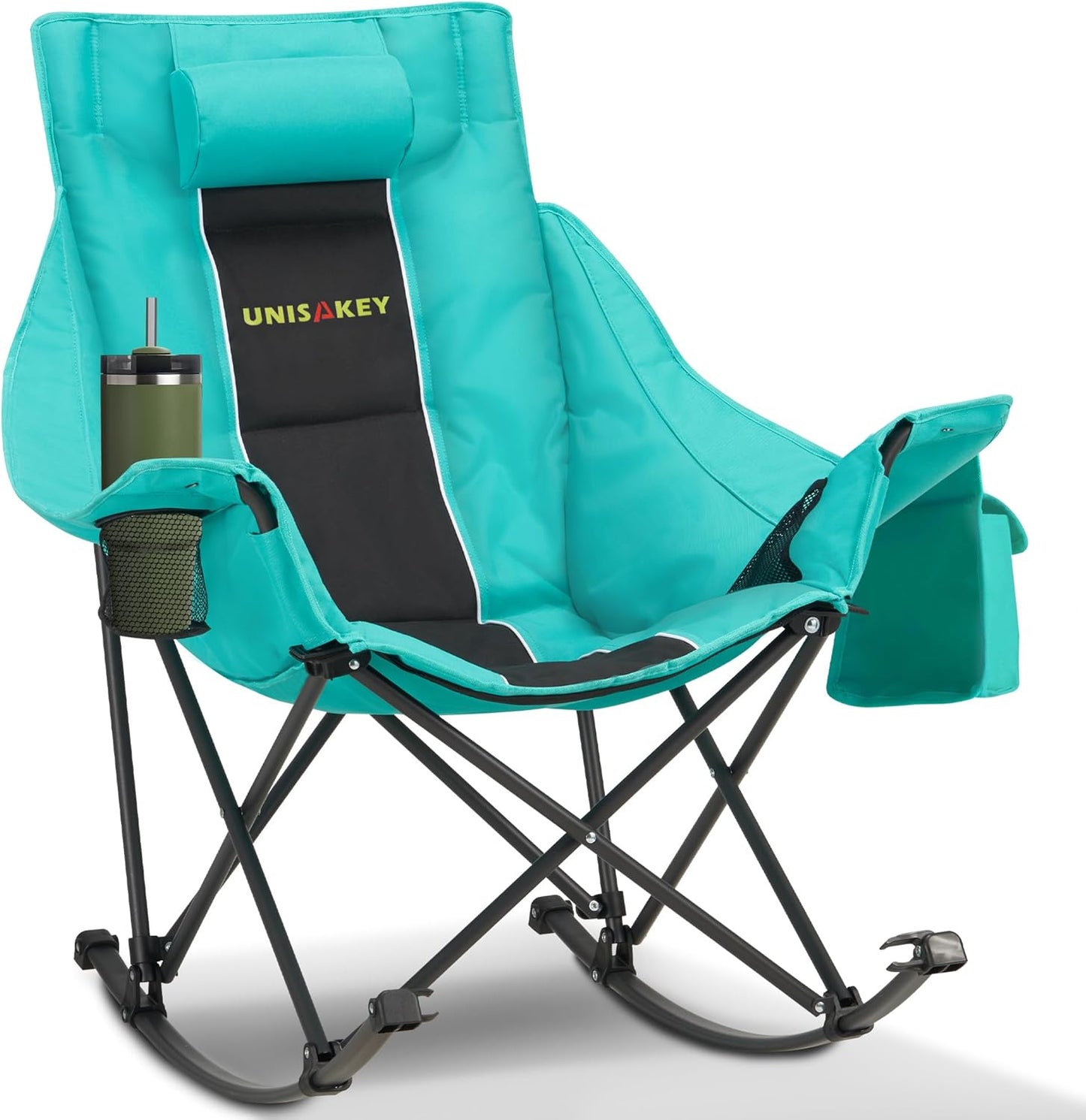 Unisakey Oversized Rocking Camping Chair - 400lbs Capacity, Headrest & Cup Holder, Portable Outdoor Rocker in Black/Green