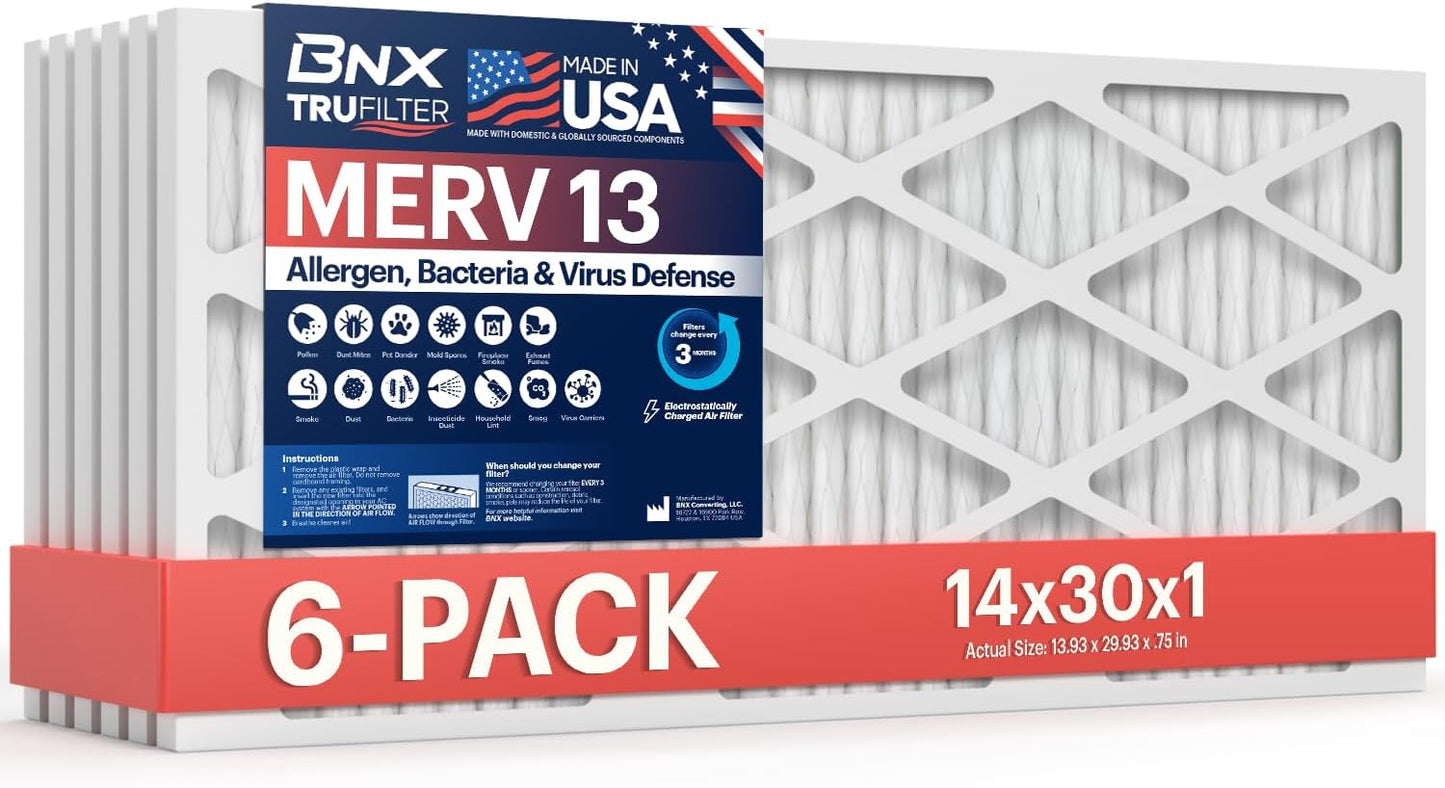 BNX TruFilter 12x12x1 MERV 8 Air Filters (6-Pack) - USA-Made Dust & Pet Defense for HVAC