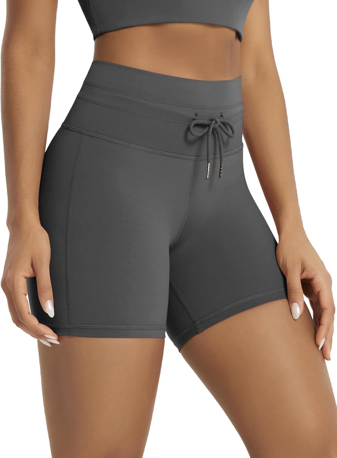 ODODOS Women's High Waist Workout Shorts - 5" Inseam Drawstring Tie Yoga Biker Shorts