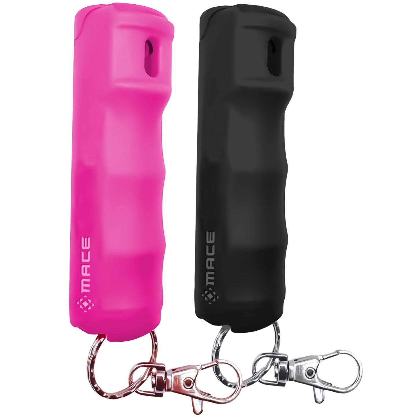 Mace Pepper Spray - 2-Pack Clip On Hard Case Model, 0.42 oz, 12 Feet Range, Max Police Strength, Long Lasting UV Dye, Flip Top Safety Cap, Self Defense Pepper Spray for Women & Men - Black/Pink