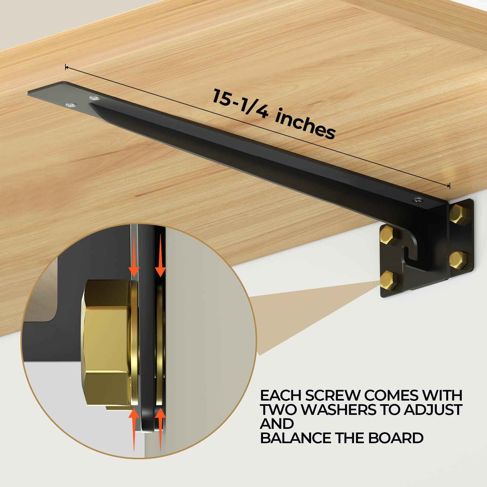 Matutinus Heavy Duty Shelf Brackets 16 Inch, 1500 lbs Capacity, Hooks for Wall Mounted Shelves, L-Shaped Floating Shelf Brackets with Hanging (Black 2 Pack)