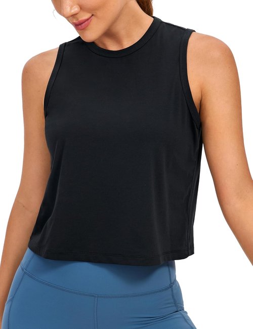 CRZ YOGA Pima Cotton High Neck Cropped Tank Top - Soft, Comfortable Workout Shirt for Women