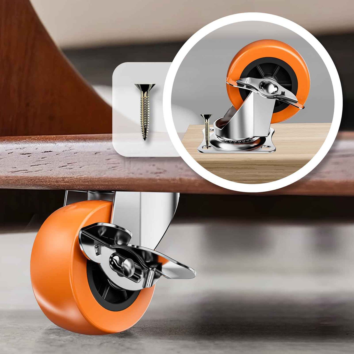 2 Inch Casters, ASHGOOB Caster Wheels with Side Brake, Locking Casters Set of 16, Industrial/Furniture Swivel Plate Caster Wheels for Workbench and Carts, Orange Polyurethane (PU) Castors (16 Pack)