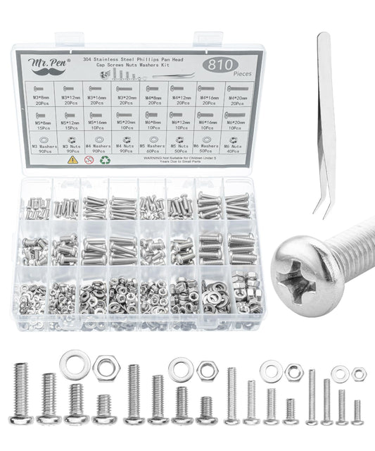 Mr. Pen- Nuts and Bolts Assortment Kit, 810 pcs, Stainless Steel M3 M4 M5 M6 Phillips Pan Head Assorted Nuts and Bolts, Machine Screw Assortment Kit with Clear Storage Box