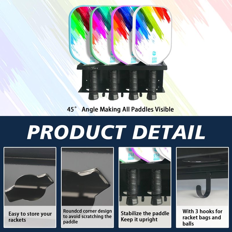 Pic-Ten 2PCS Pickleball Paddle Rack Holds 4 or 8 Paddles with Hooks Pickleball Storage Rack for Fence and Wall Pickleball Paddle Holder Outdoor No Installation Black