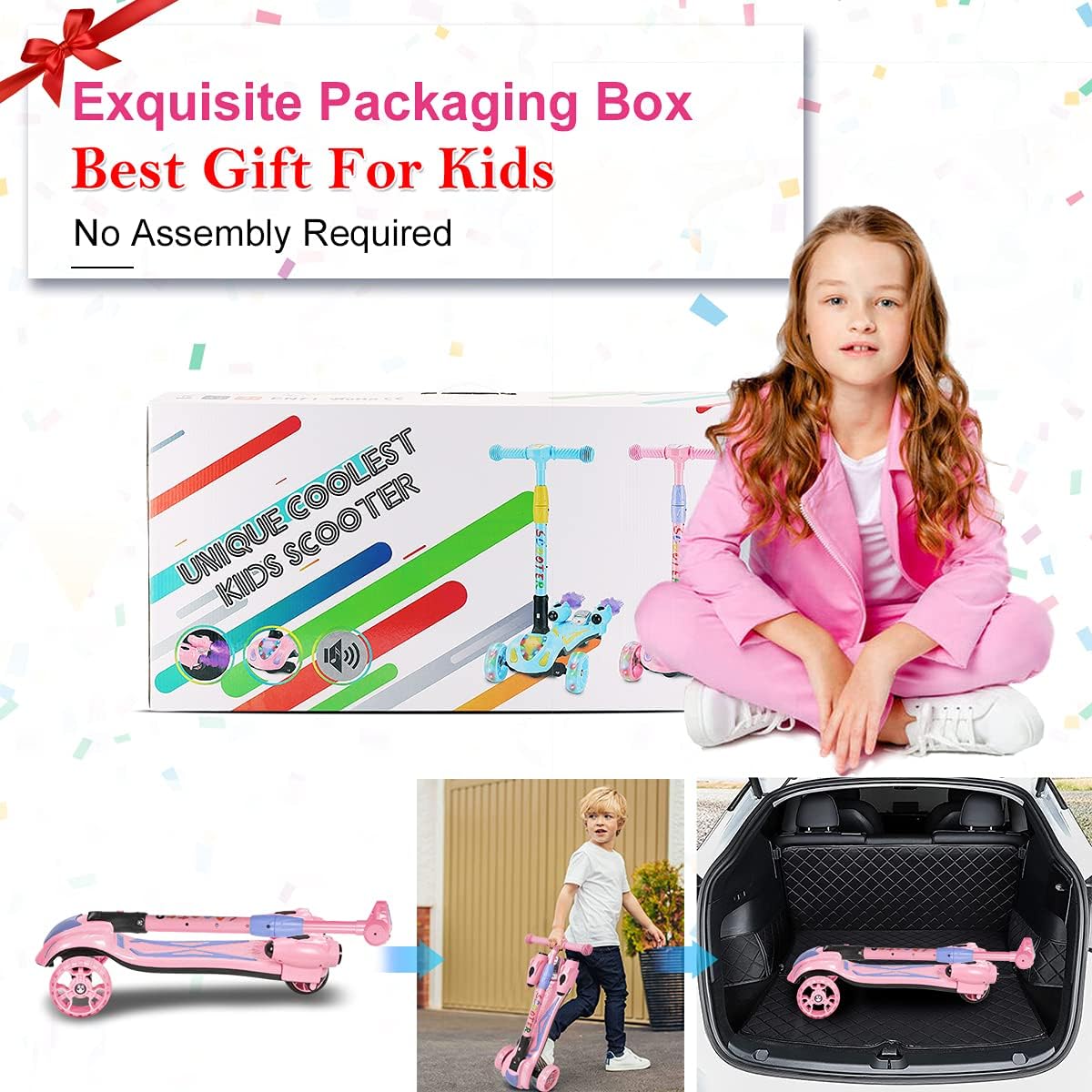 Skiennix 3-Wheel Kids Scooter - Bluetooth Music Speaker & LED Lights | Foldable Aluminum Alloy T-Bar for Ages 3-10