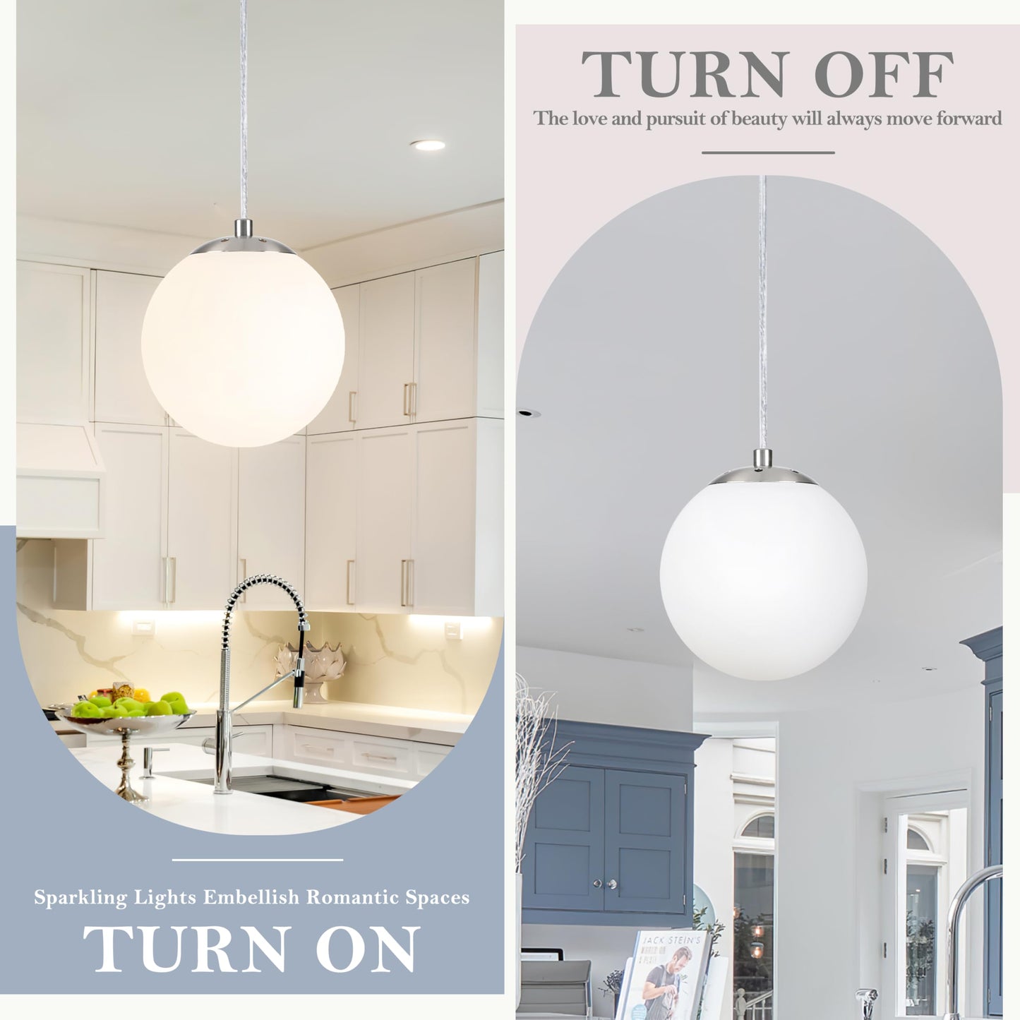 KoKo&Yukina 6 Inch Globe Pendant Light Nickel Globe Pendant Lights Kitchen Island Mid Century Light Fixture with Milky White Glass Shade for Dining Room (2 Pack)