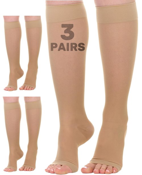 (3 Pack) Sheer Compression Socks for Women 20-30mmHg Open Toe - Toeless Womens Knee Highs Support Stockings for Circulation, Swelling, Varicose Veins - Beige, Large - A416
