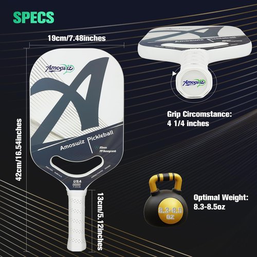 Amoswiz Carbon Fiber Pickleball Paddle, Edgeless Pickleball Paddle with Water Mark Printing Surface & Aero Throat Design, USAPA Approved Pickle Ball Paddle Set, 20MM Honeycomb Core Racket