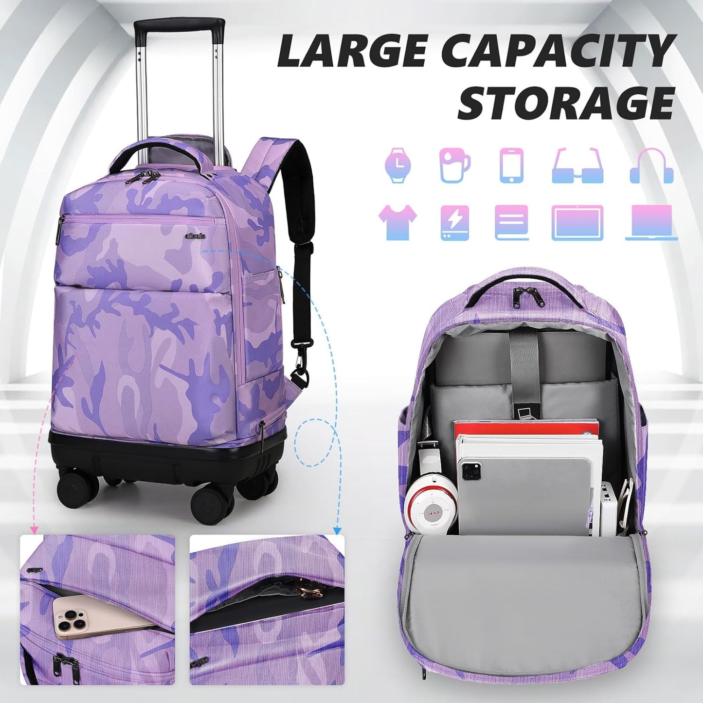 Skiennix Rolling Backpack - 18-Inch Laptop Bag with Removable Wheels | Water-Resistant & Wear-Resistant Design