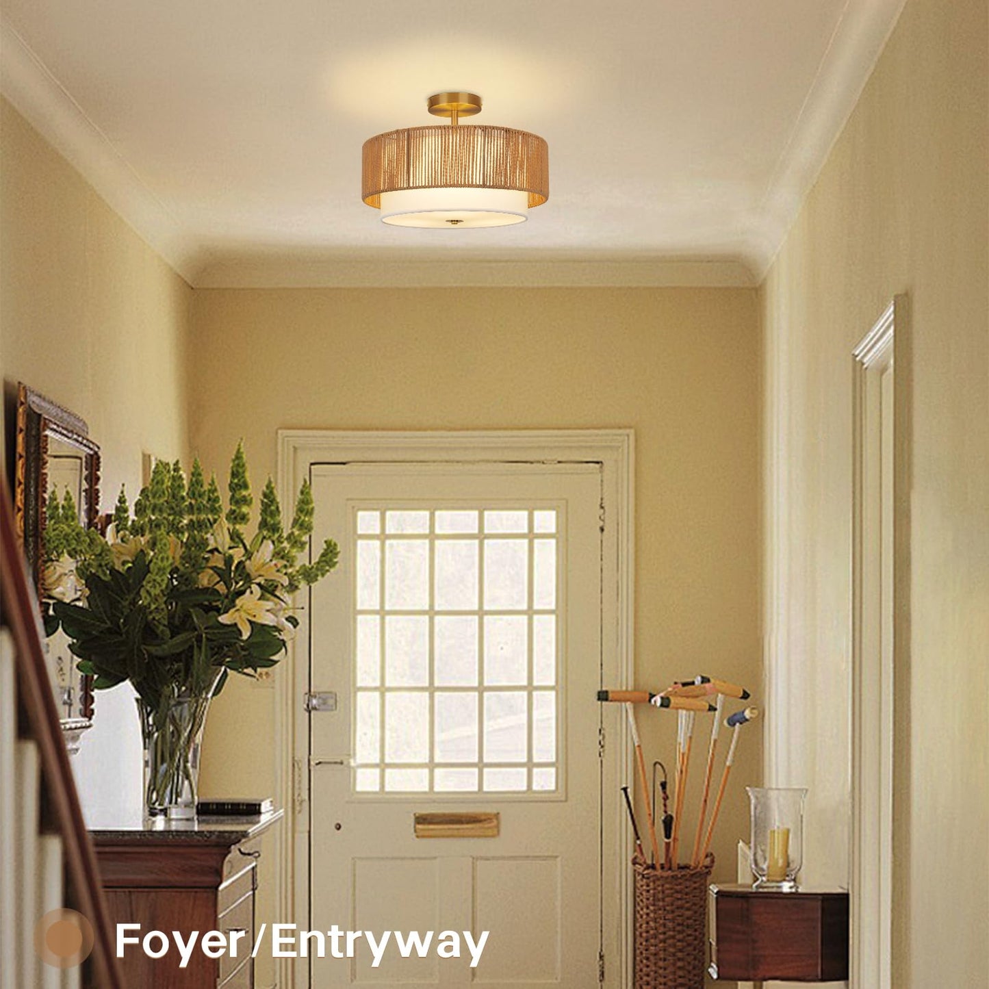 Scyvenra 16'' Semi Flush Mount Ceiling Light Fixture, Boho Light Fixtures with 2-Tier Drum White Fabric Shade, 3-Light Farmhouse Rattan Drum Light Fixture for Bedroom, Living Room, Kitchen