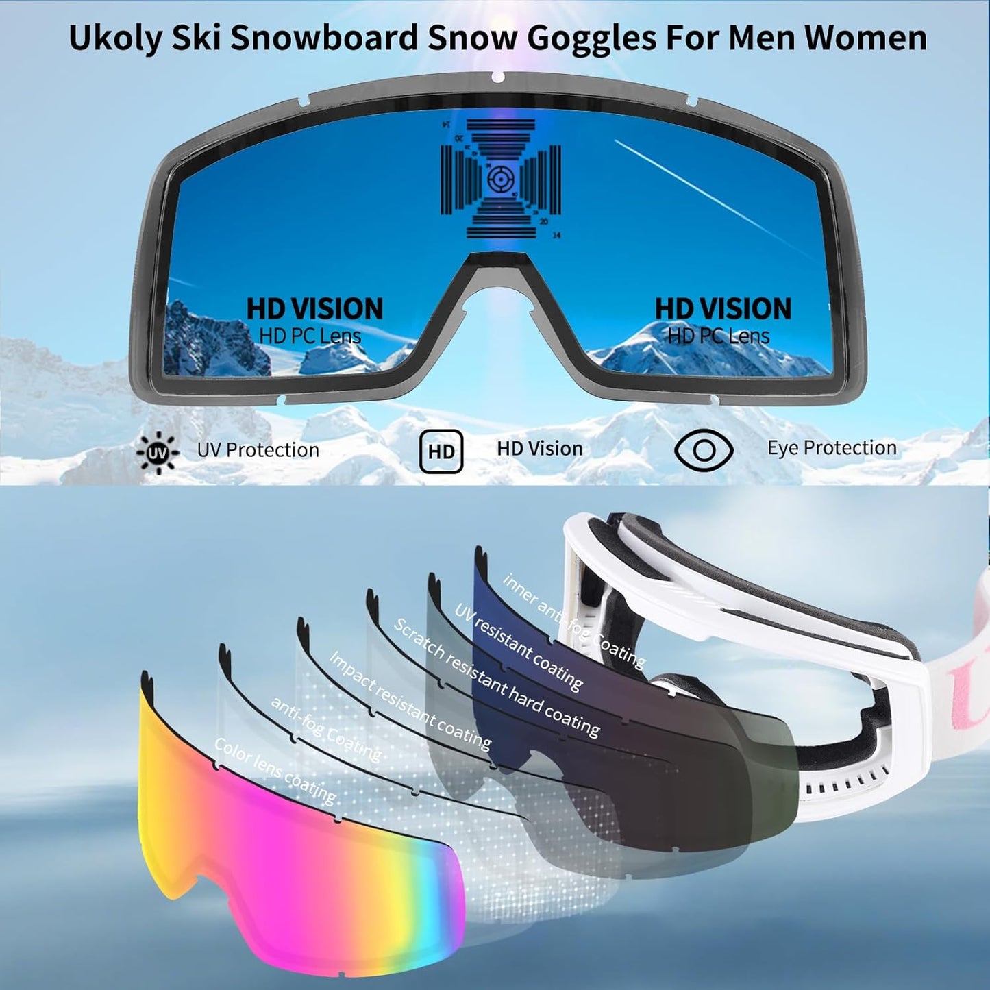 Ukoly Ski/Snowboard Goggles - HD Anti-Fog Lens, UV400 Protection, OTG Design for Men & Women