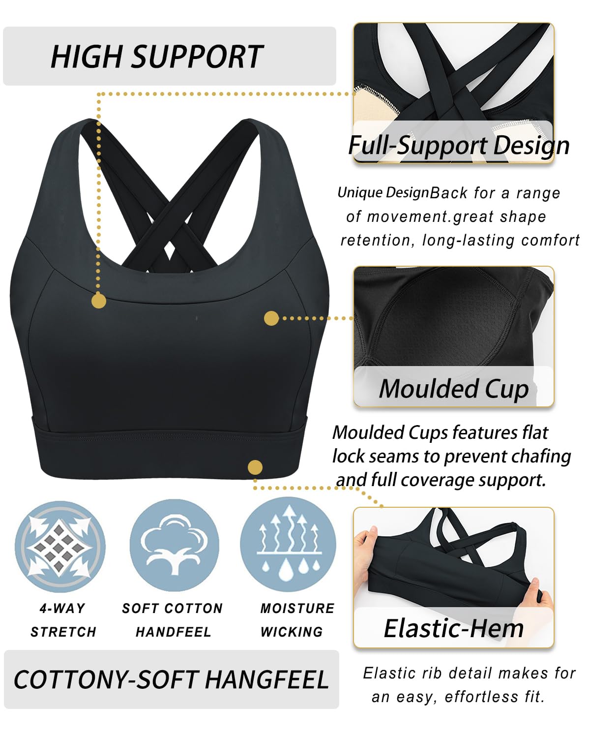 RUNNING GIRL Black Sports Bra for Women,Molded Cups High Support Sports Bras for Women Large Bust(3080Black_L)
