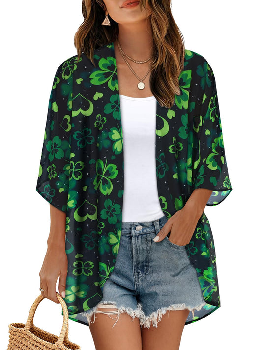 St Patricks Day Shirt Bathing Suit Cover Up Green Floral Kimono Cardigans Festival Tops(Black Green Clover, S)