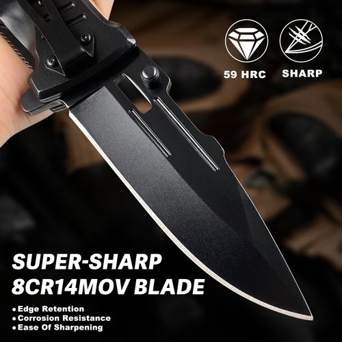 MADSABRE Black Pocket Knife with Clip, 9.6" Work Knife EDC Folding Knives with Seat Belt Cutter and Glass Breaker, Foldable Knife for Survival Camping Hiking Fishing Hunting