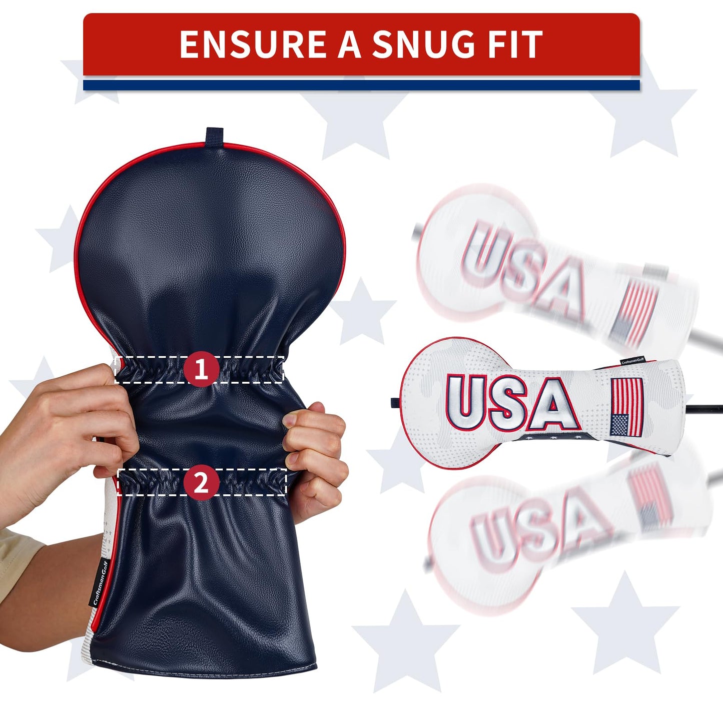 Craftsman Golf Club Head Cover USA Driver Headcover US Flag Golf Driver Head Cover USA Patriotic Golf Club Cover for Driver White Leather
