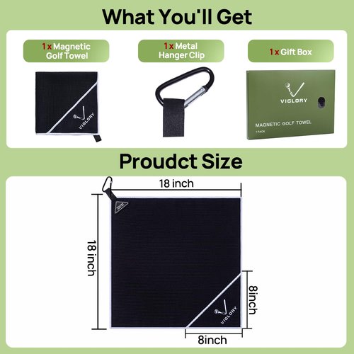 VIGLORY Magnetic Golf Towel for Bag 18" x 18" with Clip Exclusive Cleaning Pocket Microfiber Waffle Ultra Absorbent Club Ball Cleaner Essential Golf Accessories and Gifts for Men Women(Black 1 Pack)
