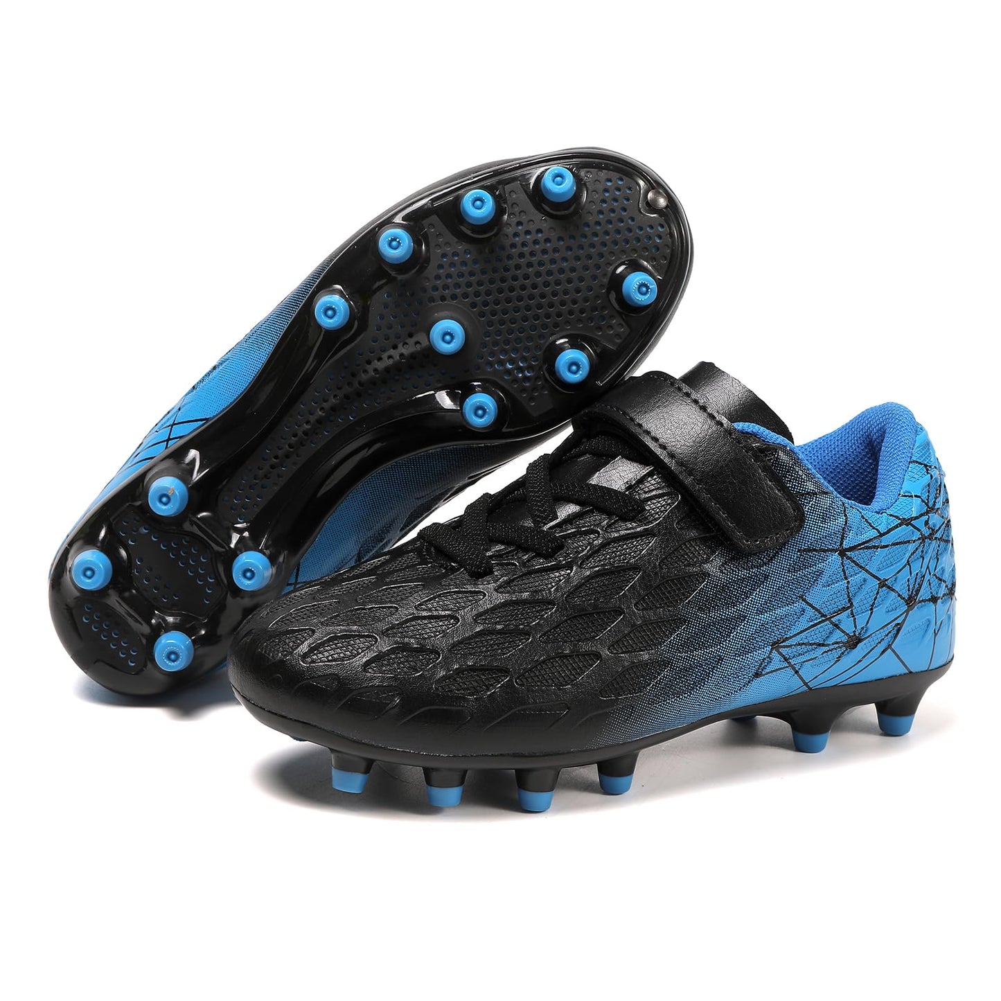 Skerxut Soccer Cleats, Kids Firm Ground Football Shoes, Boys Girls Athletic Outdoor (Black/Blue, Little Kid, 13, Numeric, US Footwear Size System, Medium)