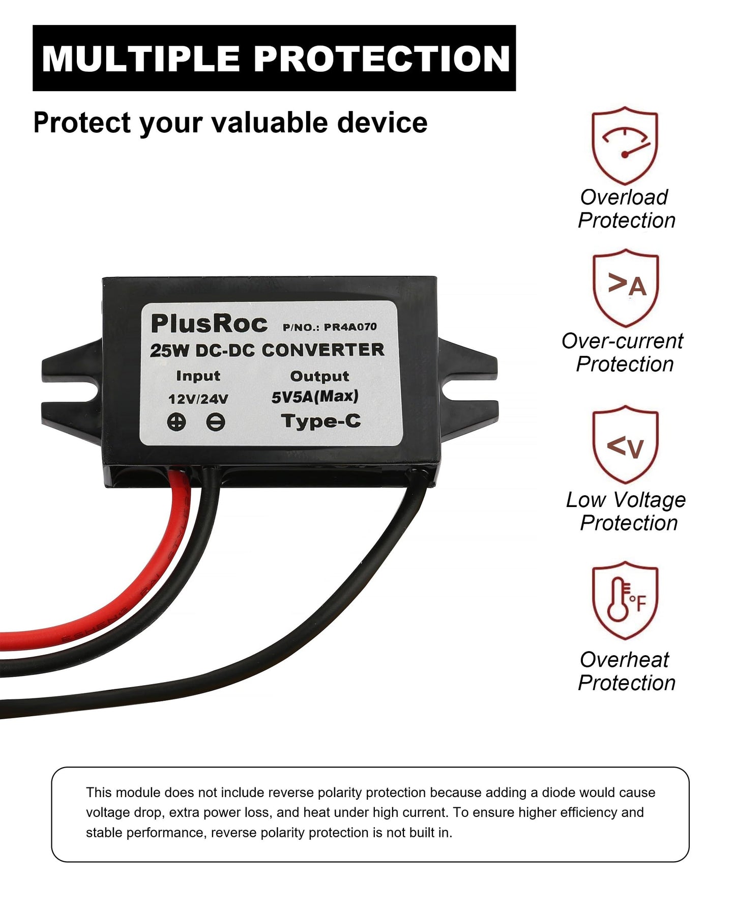 PlusRoc Waterproof DC 12V/24V to 5V 5A Step Down Converter, 25W USB-C Power Adapter for Raspberry Pi 5, Pi 4, Cellphone, and More (1-Pack)
