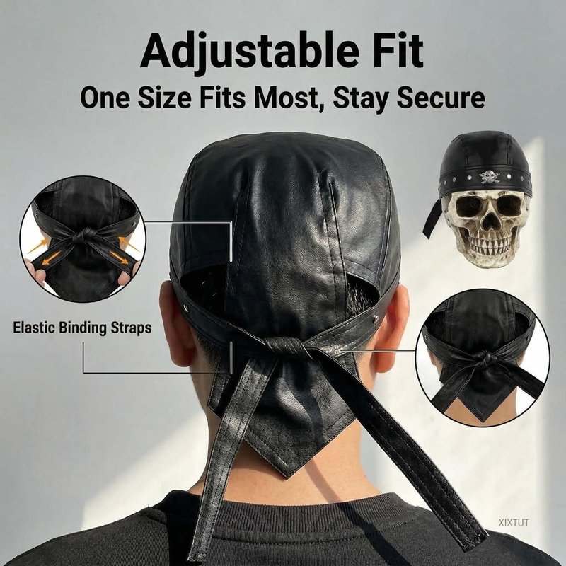 XIXTUT Leather Skull Cap Bandana Doo Do Rag for Women/Girl Biker Party Leather Studs Headwrap for Motorcycling Men Black