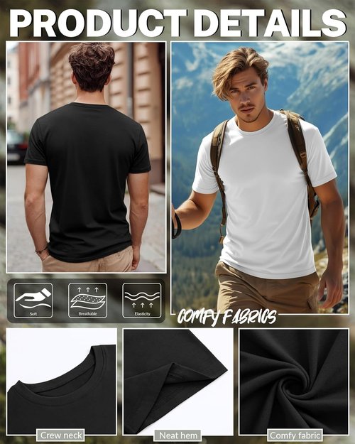 Ficerd Men's Big & Tall Short Sleeve Cotton Tees - Oversized Summer Crew Neck Shirts | 5 Pack
