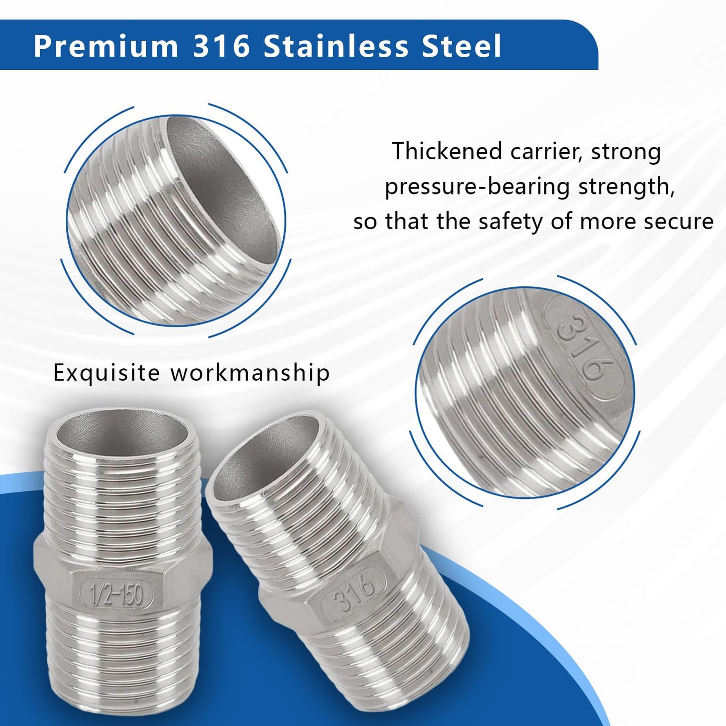1/2" Male to 1/2" Male Hex Nipple Adapter, 316 Stainless Steel 1/2 Inch NPT Threaded Pipe Fitting, Heavy Duty Coupling for Plumbing Systems, Oil, Gas & Steam (2-Pack)