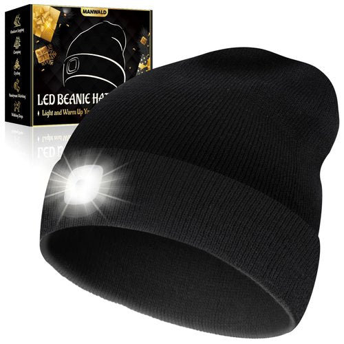 MANWALD LED Beanie Hat with Light, USB Rechargeable LED Headlamp, Gifts for Men, Mens Gifts, Birthday Gifts for Him Dad Husband, Boyfriends, Black