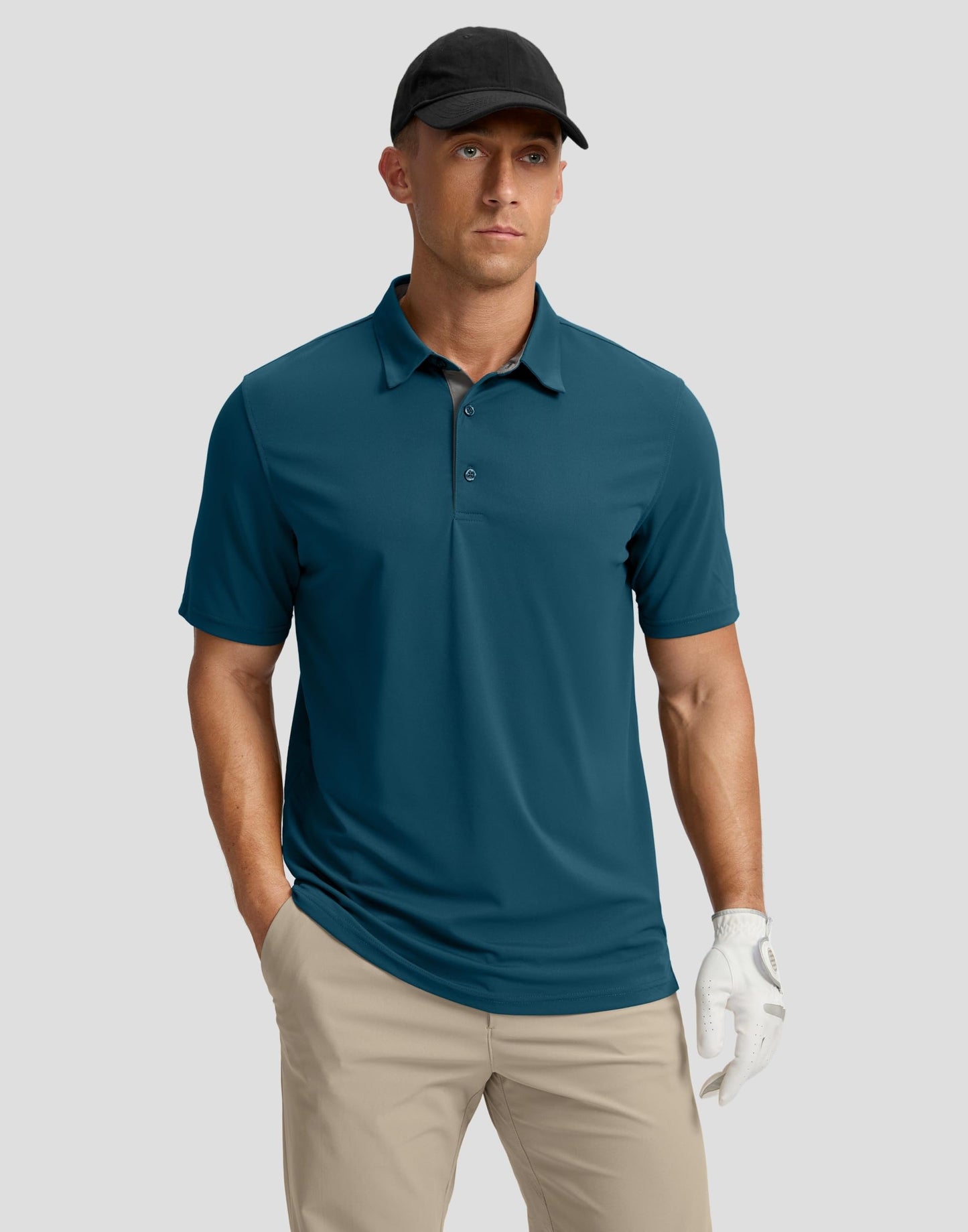 Men's Golf Shirts Dry Fit Moisture Wicking Performance Short Sleeve Collared Polo Shirts for Casual Tennis Bussiness (Reflecting Pond, L)