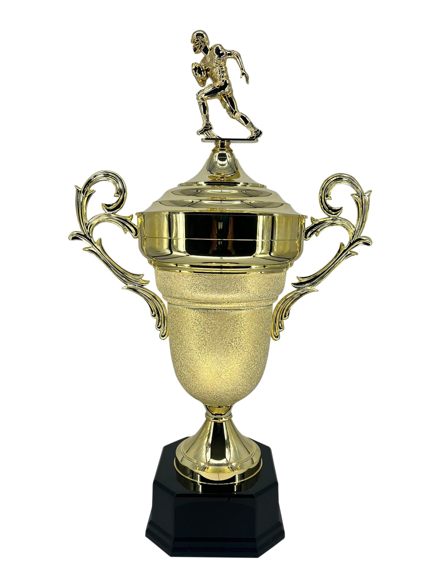 Express Medals Premium Giant 39 Inch Tall 22 Inch Wide Football Trophy with Figure, Gold Champion Cup with Handles, Black Base and Attached Plate with Your Custom Text. Trophy Weighs 8 Pounds.