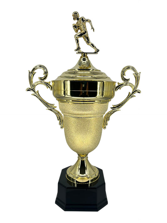 Express Medals Premium Giant 39 Inch Tall 22 Inch Wide Football Trophy with Figure, Gold Champion Cup with Handles, Black Base and Attached Plate with Your Custom Text. Trophy Weighs 8 Pounds.