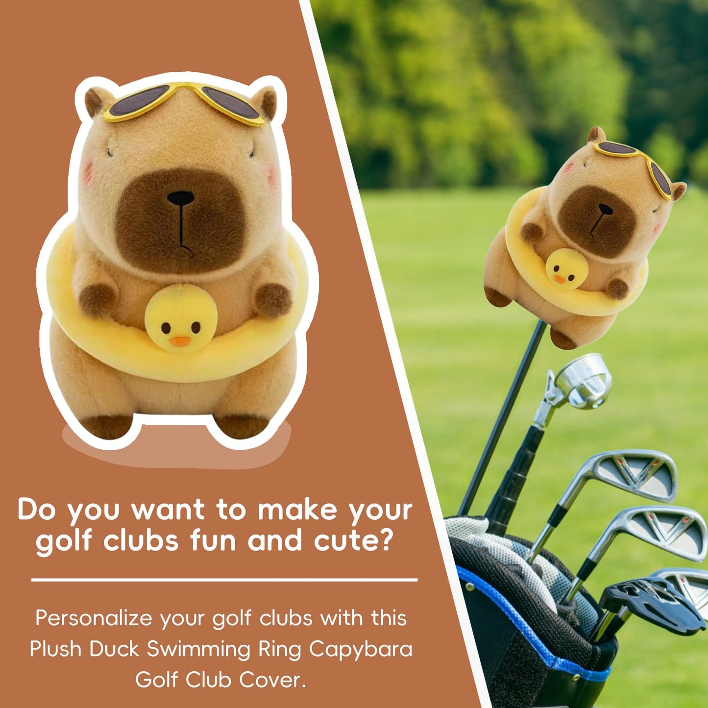 Capybara Swimming Ring Golf Club Head Cover, Small Size Fits Hybird and Irons, Large Size Fits Standard 460cc Driver Head, Golf Driver Headcover Funny Plush Animals
