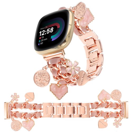 REALSIGN Stylish Band Compatible with Fitbit Versa 3 Bands/Versa 4/Sense 2/Sense Bands for Women,Metal Cuban Chain with Unique Flower Love Pendants Charms Dressy Strap(Flower Rose Gold)