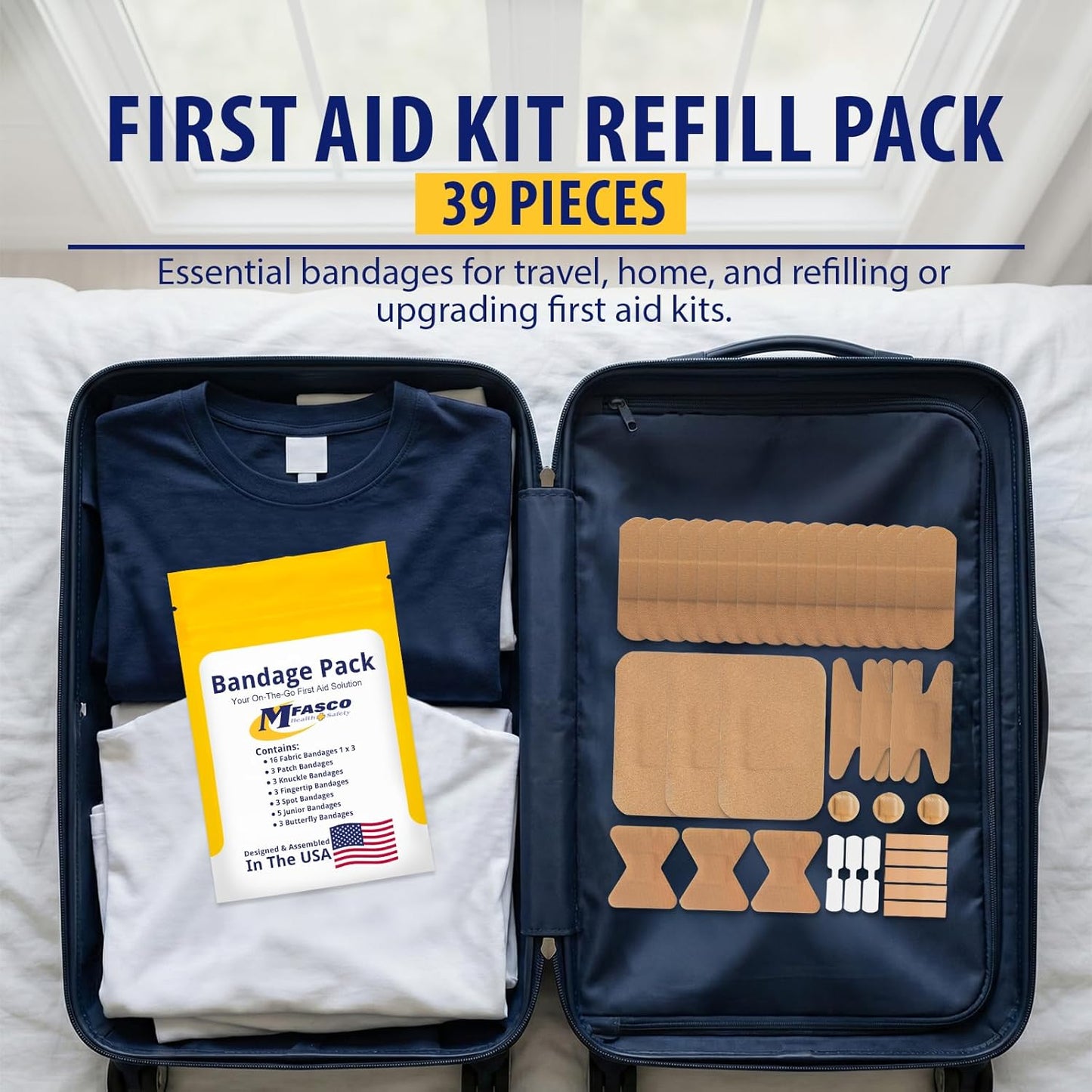 MFASCO First Aid Kit Bandage Refill Pack - Assorted Fabric Bandaids for Quick Relief - Small & Portable