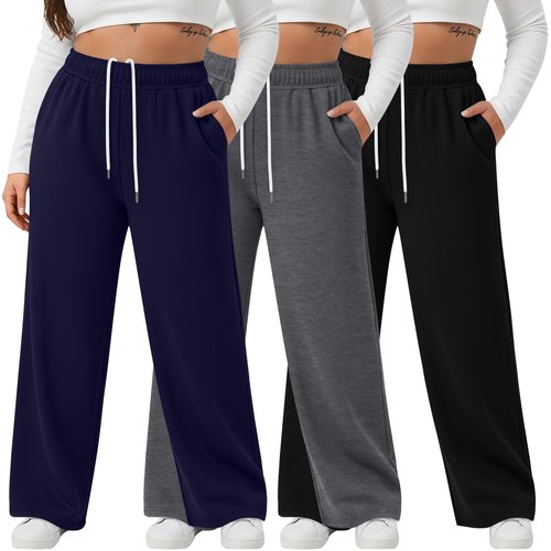 August Alley 3 Pack Women's Plus Size Wide Leg Yoga Pants, Baggy High Waist Lounge Pants, Drawstring Sweatpants with Pockets(Black, Mixed Gray, Navy Blue,3X-Large)