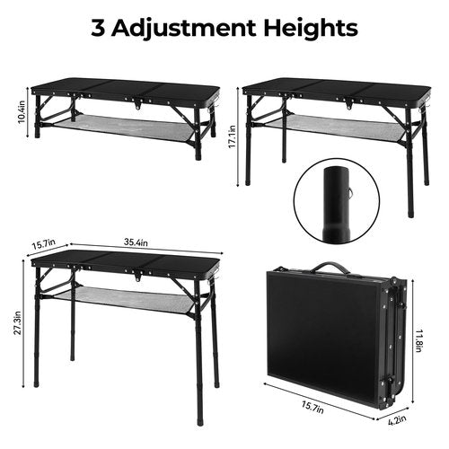 CJPWMT Folding Camping Table with Storage Net,3ft Portable Aluminum Folding Table with 3 Adjustable Height Max 27.3 Inch for Outdoor Backyard BBQ Picnic Cooking Tents Beach Indoor Bedroom（Black）