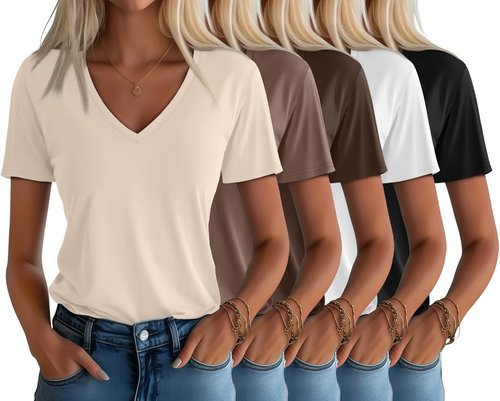 Huukeay Women's V-Neck Basic Tees - 5 Pack Comfortable Casual Short Sleeve Tops for Summer