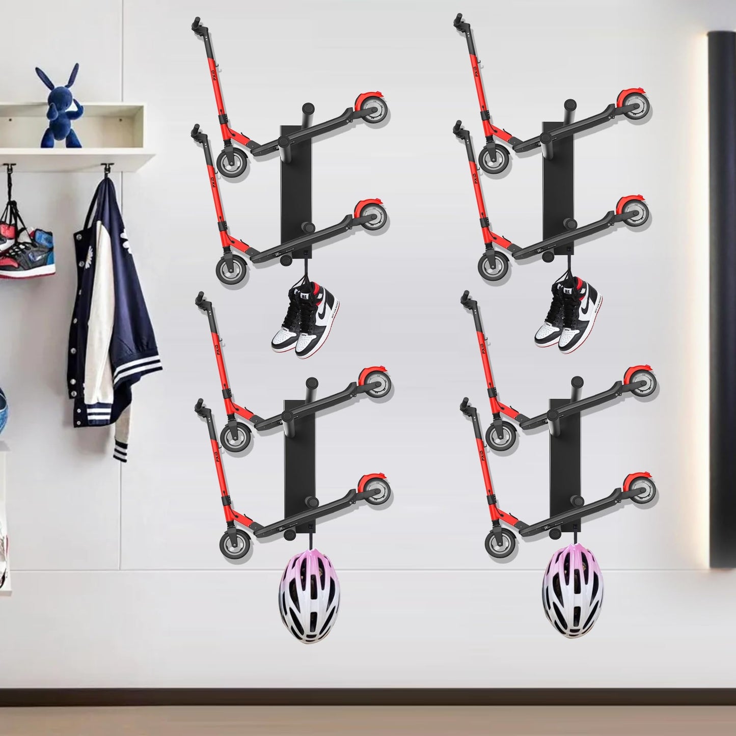 HAVXJAN Scooter Wall Mount, Metal Organizer Black Holder for Scooter Vertical Space Saver Scooter Rack, Scooter Stand for Garage, Living Room, Sports Shop (2 Tiers-2 Packs)