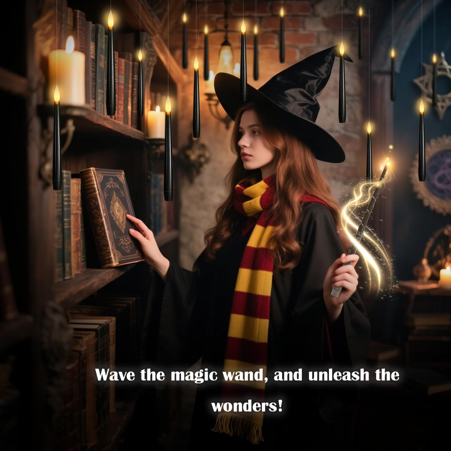 kakoya Flameless Floating Candles with Wand，12 Pcs Magic LED Hanging Taper Candles，Flickering Battery Operated Taper Candle with Wand Remote for Halloween Decorations Best Gift（Black）