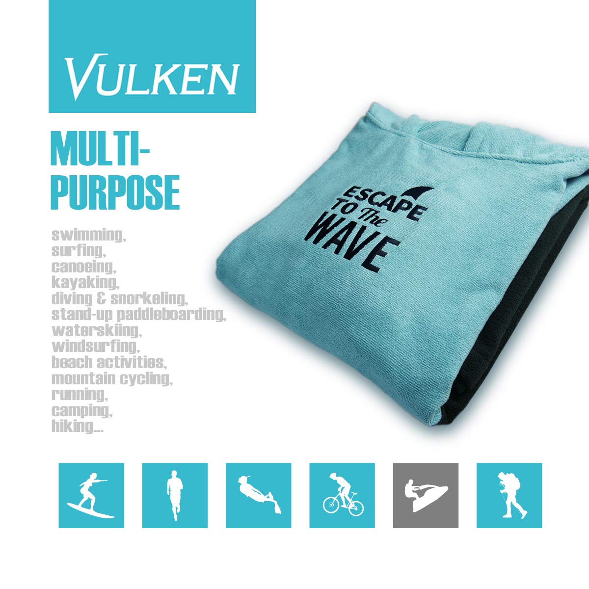 Vulken Extra Large Teal Blue Thick Hooded Beach Towel Changing Robe. Surf Poncho Women for Easy Change in Public. Quick Dry Microfiber Toweling for The Beach, Pool, Lake, Water Park. S/M