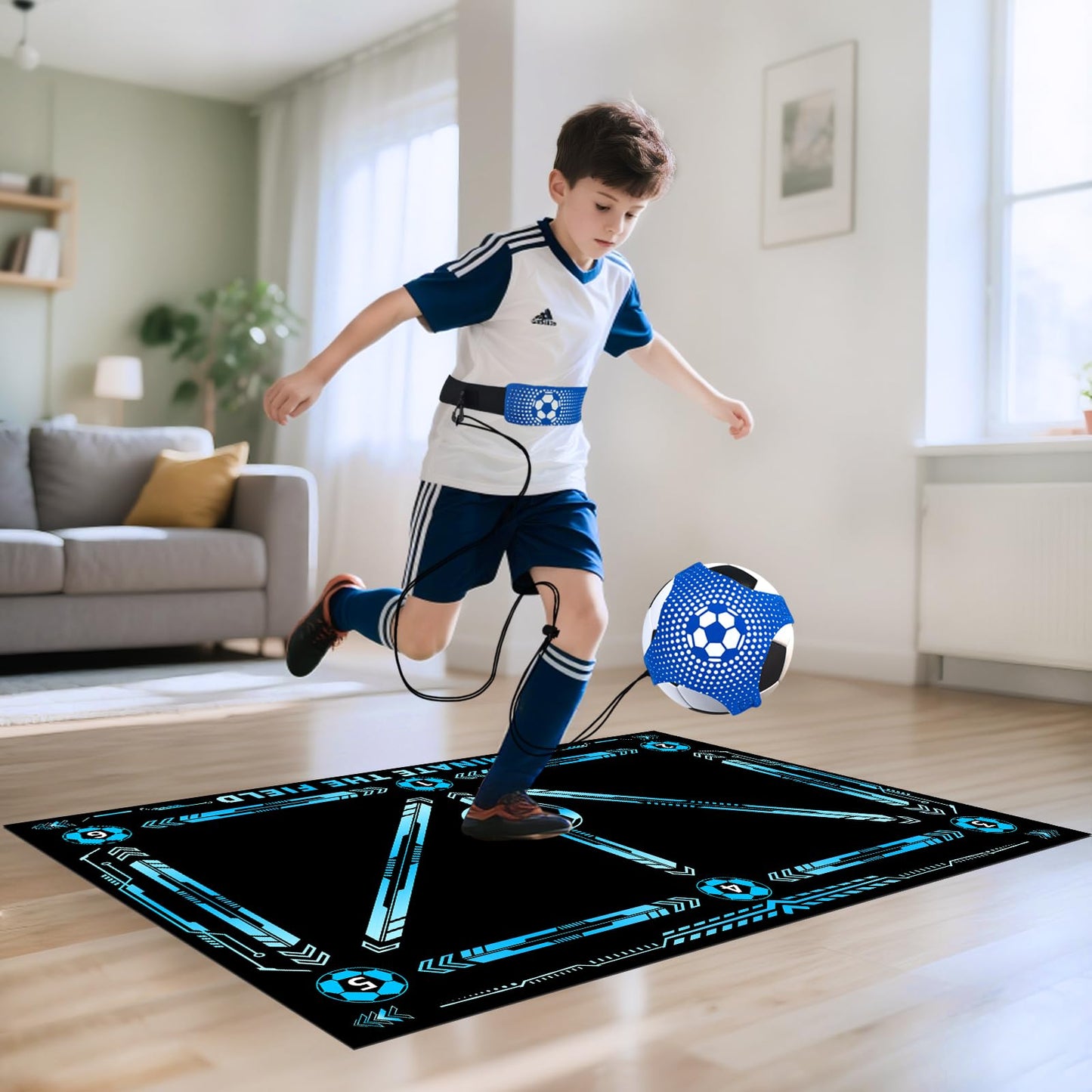 Doskona Football Footstep Training Mat, Soccer Training Mat 35 * 24IN, Soccer Practice Equipment with Storage Bag and Soccer Return Trainer Net (New Black-Blue)
