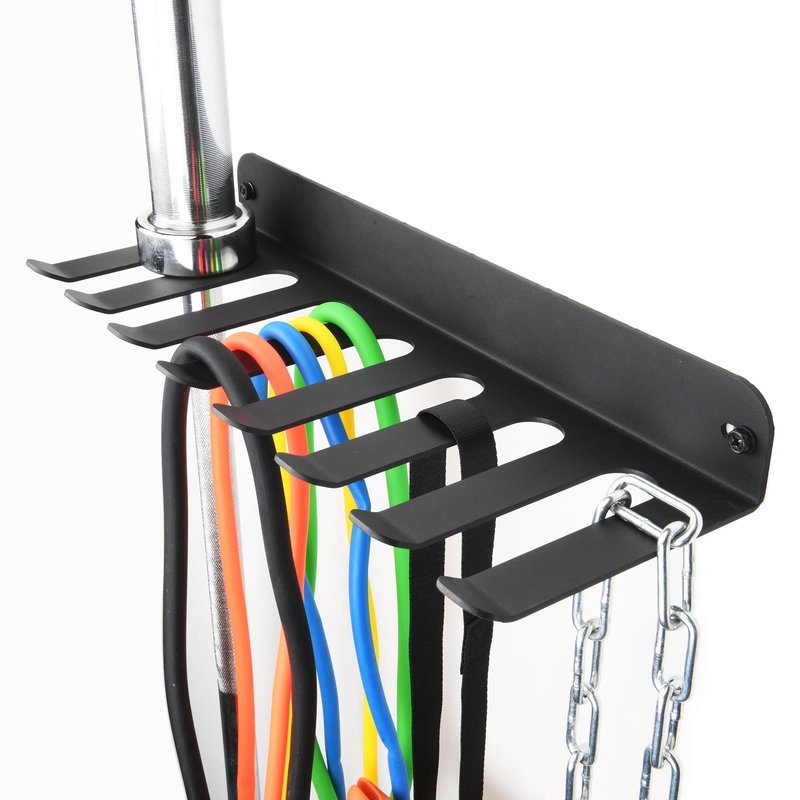 Performance Seven Bars Holder Storage,Custom Powder Coated HEAVY-DUTY STEEL Mount Wall Rack Storage Rack,Weight Room Organizer with 8 Wall Hooks for Exercise Bands Jump Ropes Chains Lifting Belts 3mm Black 8 Tooth