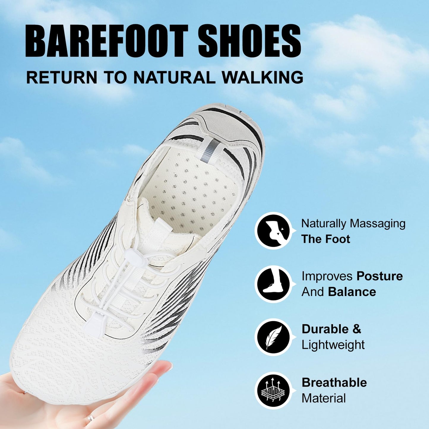 RUFONE Hike Barefoot Shoes for Women Men Breathable & Non-Slip Athletic Footwear Wide Toe Water Shoes,Designed for Walking,Running&Swimming White