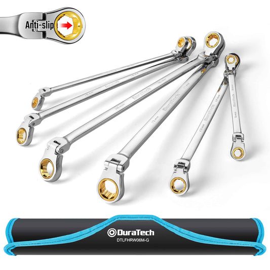 DURATECH Extra Long Anti-Slip Flex-Head Ratcheting Wrench Set, Double Box End Wrench Set, 6-Piece, Metric 8-19 mm, CR-V Steel, with Pouch